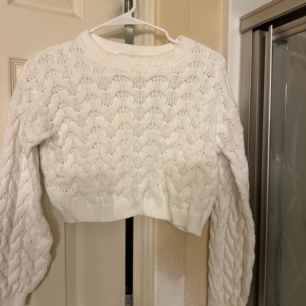 White Cable Knit Cropped Sweater - Women's